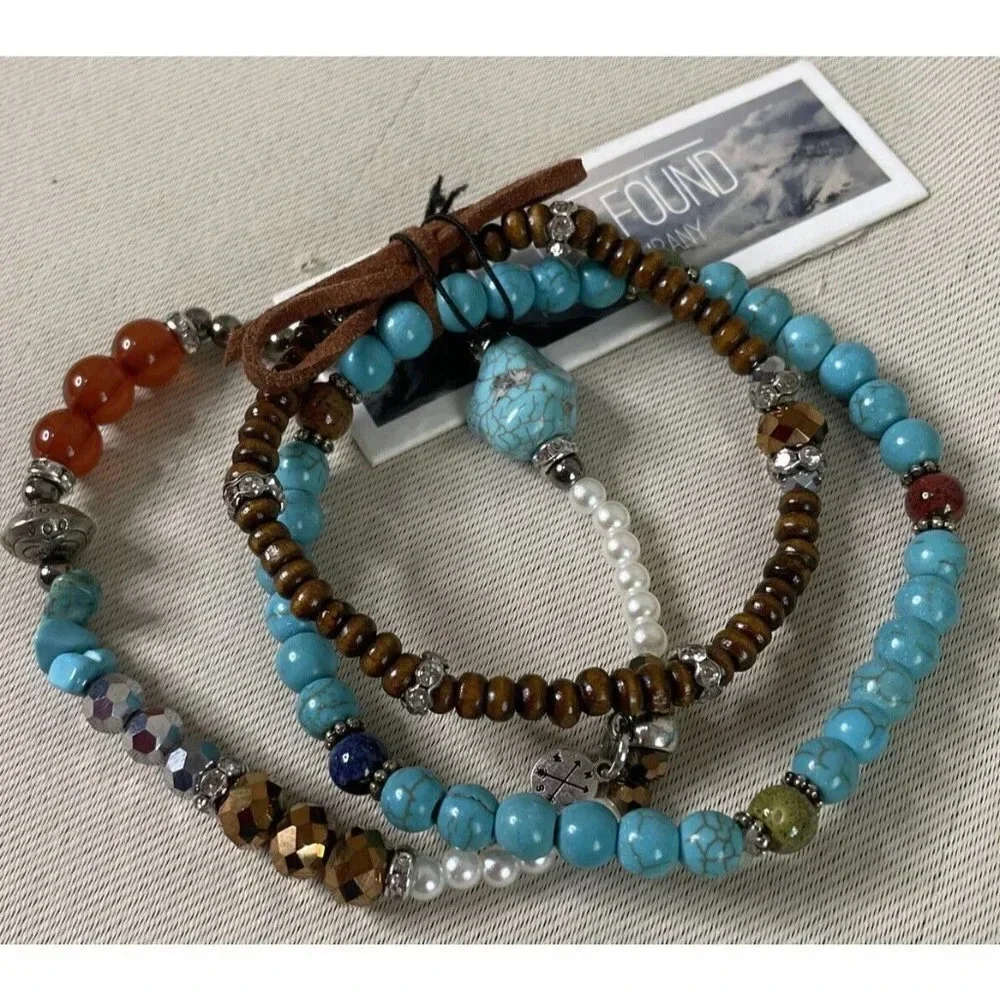 Lost‎ & Found Trading Company 3 Strand Bracelet Turquoise Wood Beads Stretch NEW